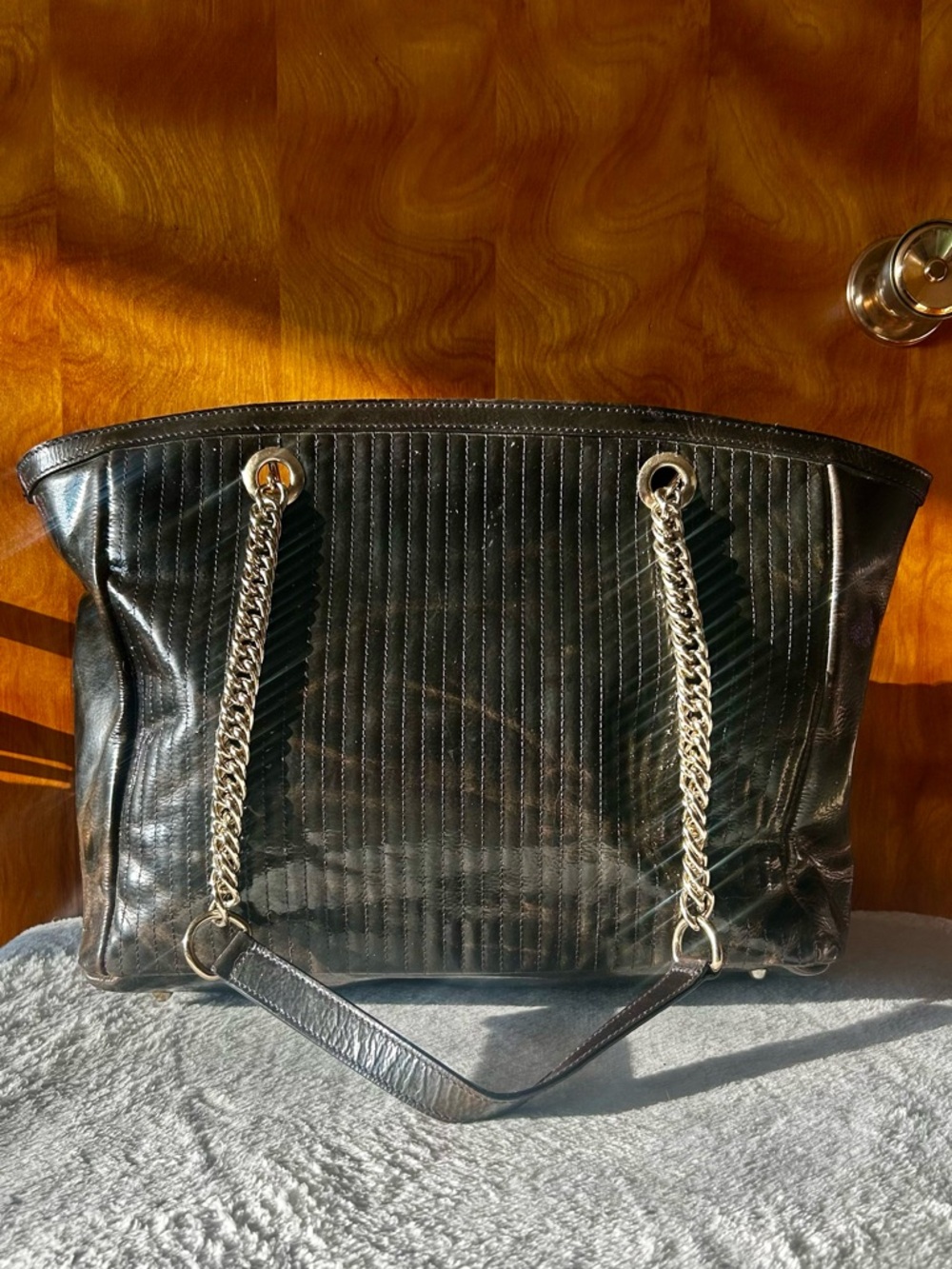 Versace Black Leather Patent Chain-Handle Tote - Picture 2 of 9